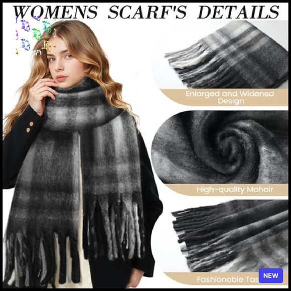 Oversized Mohair Scarf Thick Checked Tassel Wrap Soft Winter Chic Blanket Style - Picture 4 of 5
